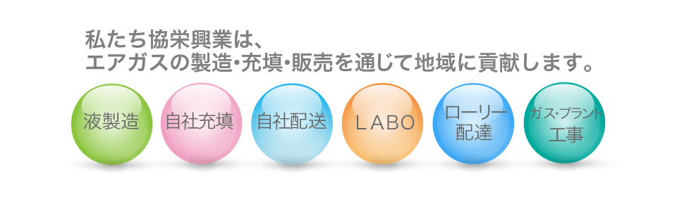 高圧ガスの特徴　私たち協栄興業は、エアガスの製造・充填・販売を通じて地域に貢献します。液製造、自社充填、自社配送、LABO、ローリー配達、ガス・プラント工事